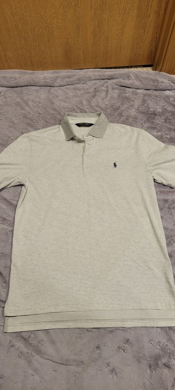 Polo Golf Ralph Lauren Mens M Gray White Striped Performance Polo Shirt Summer